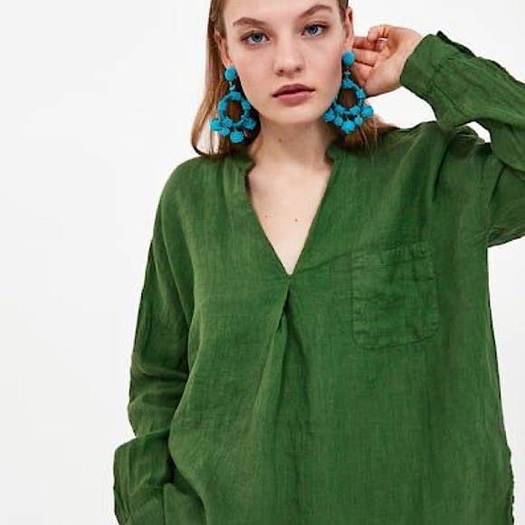 Zara | Tops | Zara Green Oversized Linen Blouse Sz S | Poshmark
